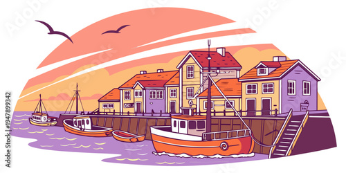 A colorful illustration of a seaside village with boats and buildings Vector