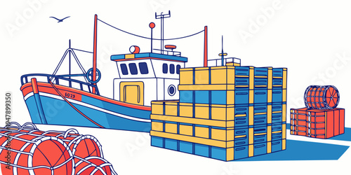 A cargo ship with containers on the deck and in the water Vector