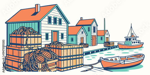 A colorful illustration of a harbor with buildings and boats Vector