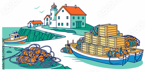 A cargo ship is transporting boxes near a house Vector