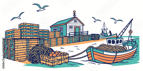 A boat is docked next to a small building Vector