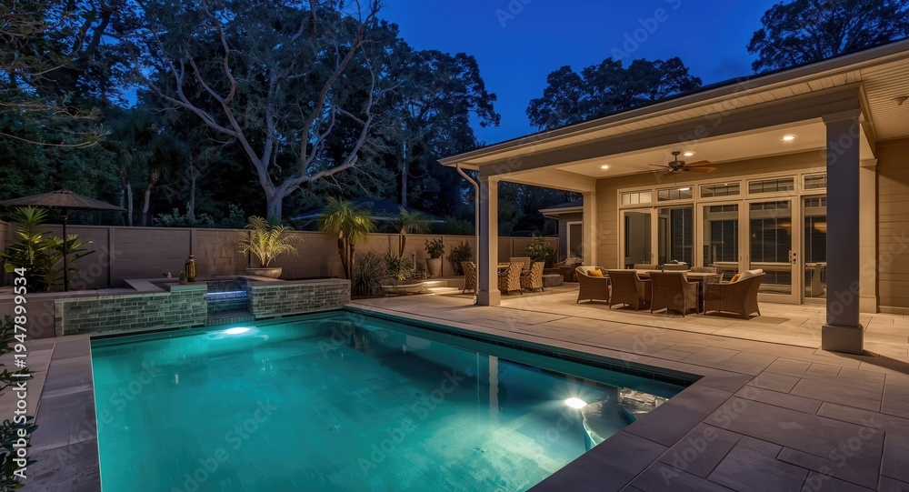 Fototapeta premium Contemporary backyard layout featuring illuminated pool and cozy covered seating