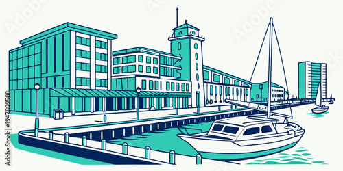 A large boat docked in front of a city skyline Vector