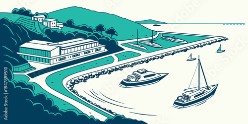 A sailboat and a dock on a body of water Vector