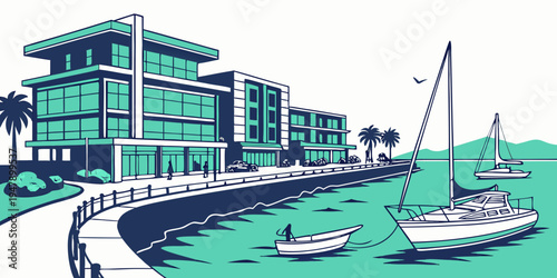 A large building with boats docked in the water Vector