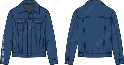 Blue denim jacket front and back view, fashion apparel illustration, technical sketch, clothing design, casual wear, garment manufacturing catalog