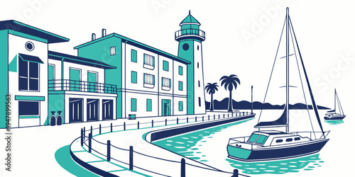 A serene harbor scene with a sailboat and buildings Vector