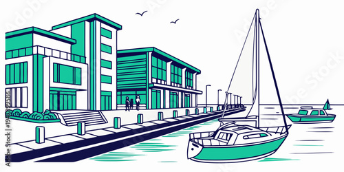 A sailboat is docked in front of a large building Vector