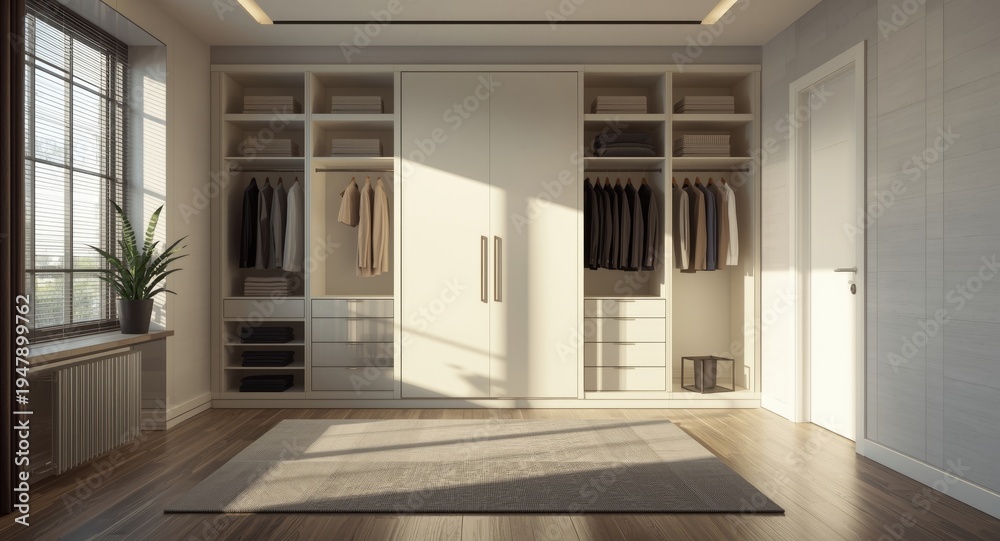 Fototapeta premium Bright and modern wardrobe room featuring empty minimalist design