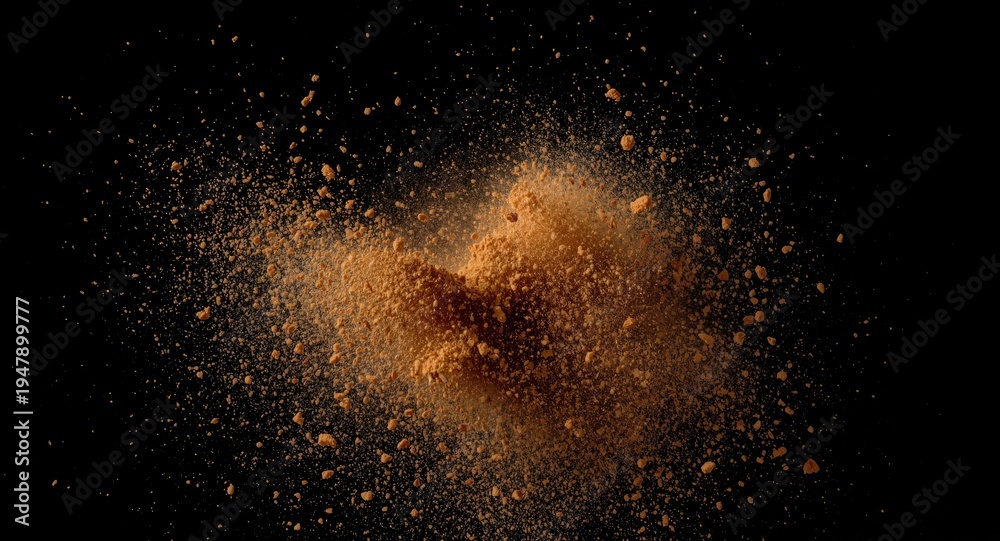 Obraz premium Brown sand particles exploding in midair on dark background