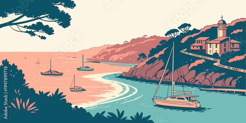 A serene coastal scene with sailboats and a sandy beach Vector