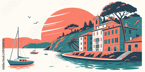 A serene coastal town at sunset with a sailboat Vector