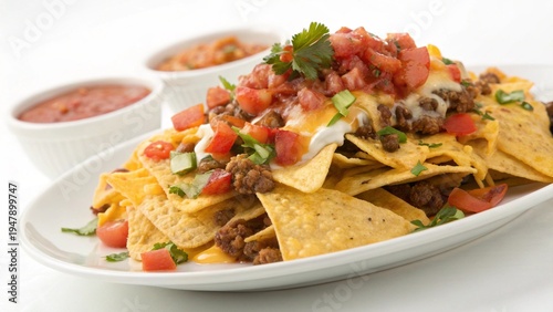 Delicious gourmet meal featuring nachos with guacamole, a healthy chicken and vegetable salad, and a spicy rice dish served on a restaurant plate with fresh pepper and tomato sauce
