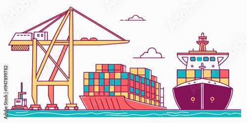 A cargo ship and crane loading colorful shipping containers Vector