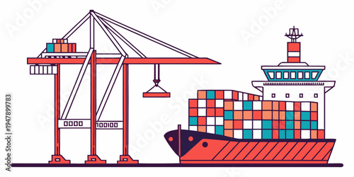A cargo ship with containers next to a crane Vector
