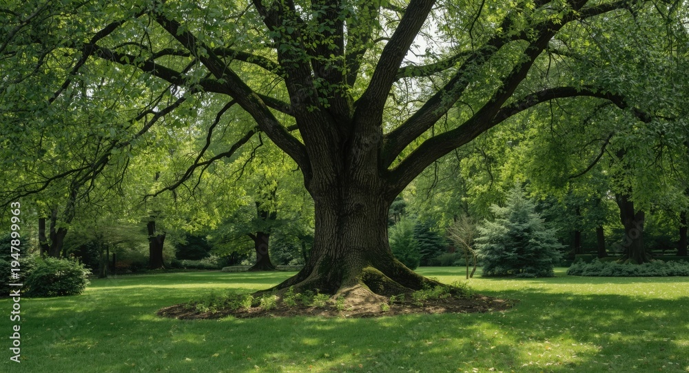Fototapeta premium Cheerful tree depiction surrounded by a well maintained park