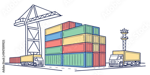 A stack of colorful shipping containers at a port Vector