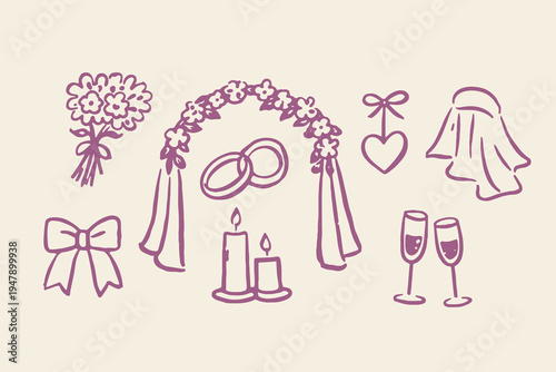 Wedding symbols outline sketch vector illustration