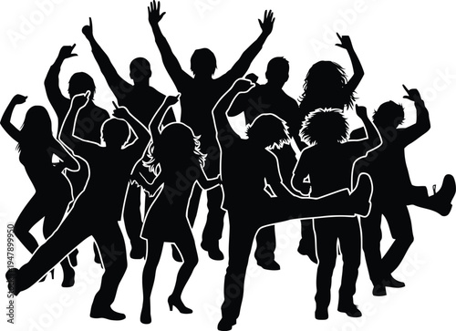 Black silhouettes of diverse people dancing and celebrating with arms raised