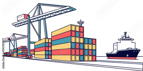A cargo ship and cranes loading colorful shipping containers Vector