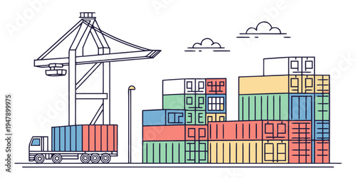 A large stack of colorful shipping containers next to a crane Vector