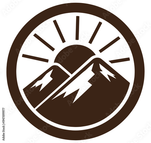 Brown mountain landscape with sunrise in a circle isolated on white background