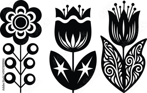 Three black stylized floral silhouettes on white background flower