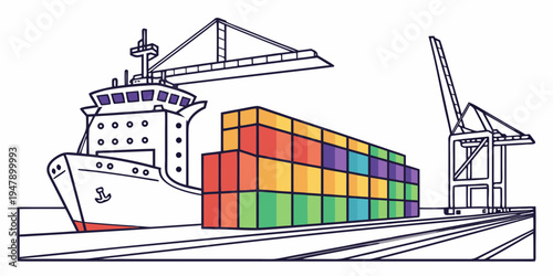A cargo ship with containers on the dock Vector
