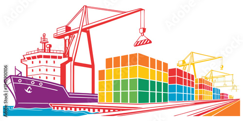 A cargo ship with containers on the deck and cranes loading them Vector