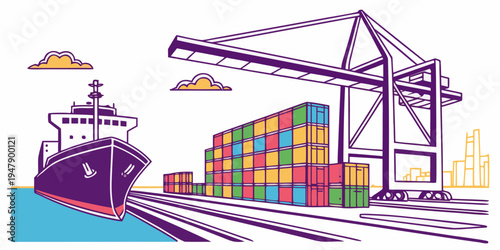 A cargo ship at a port with containers Vector