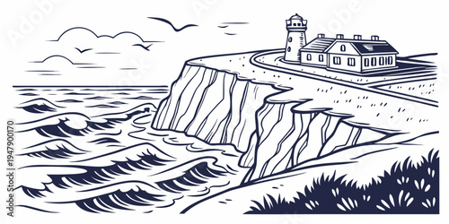 A cliffside lighthouse by the ocean Vector