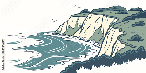 A cliff by the sea with waves crashing against it Vector