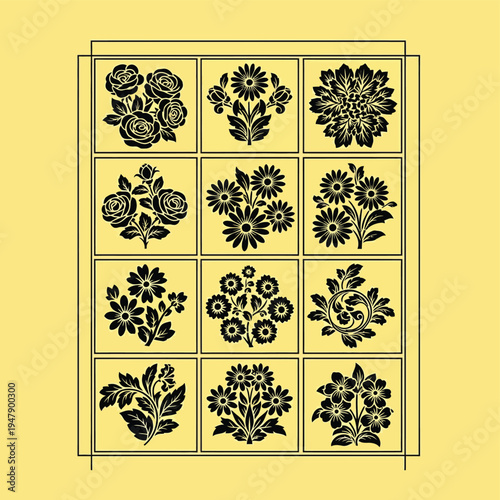 Twelve black floral motifs arranged in a grid on a yellow background flowers roses daisies leaves