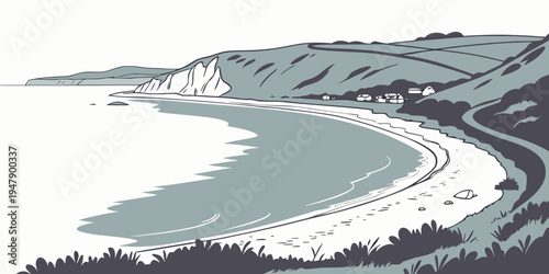 A scenic view of a coastline with a curved shoreline Vector