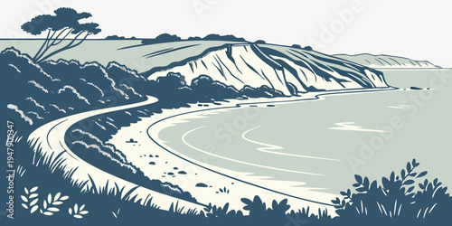 A snowy landscape with a lake and a road Vector