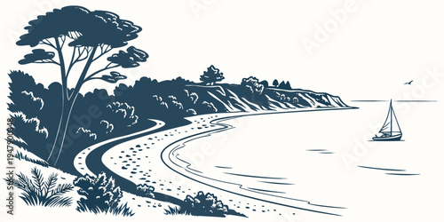 A scenic coastal road with trees and a sailboat Vector