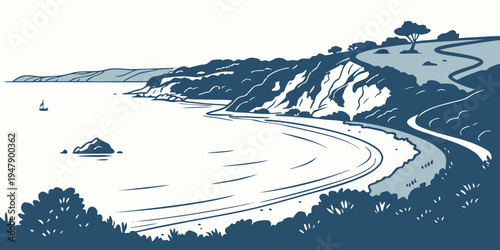 A scenic coastal road with a mountain range Vector