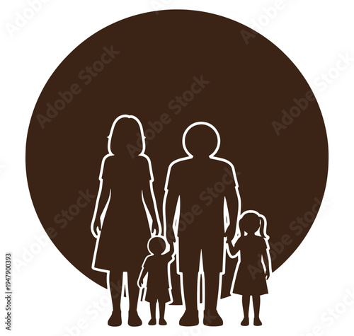 Family silhouette with parents and two children standing together in front of a large circle