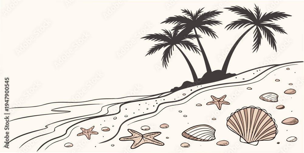 Obraz premium A beach scene with palm trees and seashells on the sand Vector