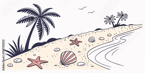 A beach scene with palm trees and seashells on the sand Vector