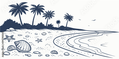 A beach scene with palm trees and seashells on the shore Vector