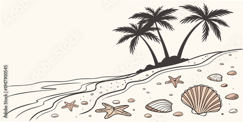 A beach scene with palm trees and seashells on the sand Vector
