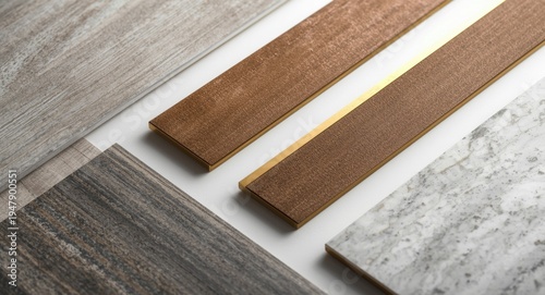 Variety of material samples such as flooring tiles leather veneer gold stainless and quartz stone isolated background