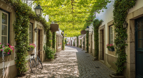 Cobblestone street view with climbing plant, lanterns, and a bicycle. Represents a historic European town, perfect for travel or architectural themes