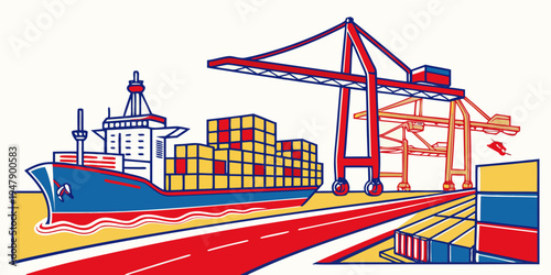 A cargo ship docked at a port with a crane Vector