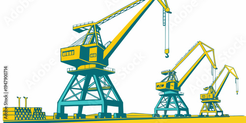 Large industrial cranes on a construction site Vector