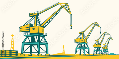 Three large cranes on a dock Vector