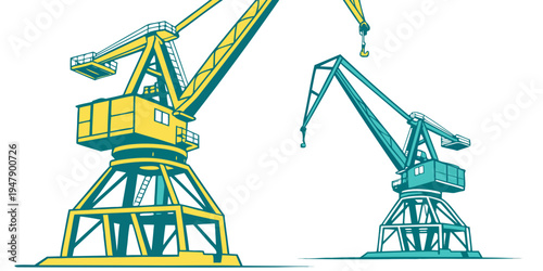 Two large cranes are shown side by side Vector