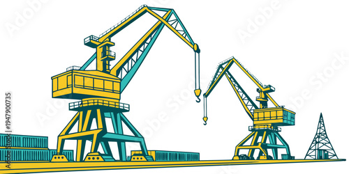 Two large cranes are shown side by side Vector