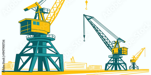 Two large cranes on a construction site Vector